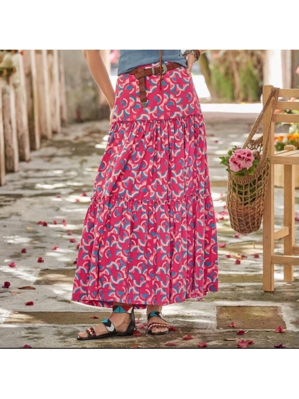 Sundance Iberia Tiered Geo Print Peasant Maxi Skirt Size M Cotton Colorful EUC